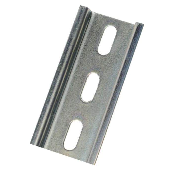 TS 35/F5 DIN Rail Channel - Top Hat Slotted Steel Rail 35mm Wide x 7.5mm deep x 2 meters, 5.2mm x 25mm oval mounting holes